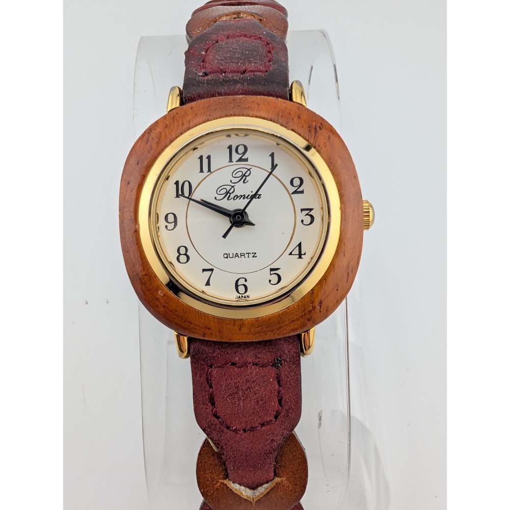 Vintage Ronica Watch Women 26mm Wooden Case Leather Band- New Battery